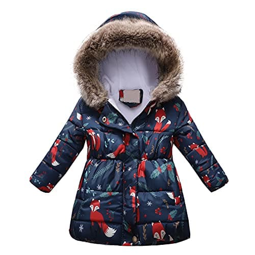 Image of Kids Girls Winter Coat Faux Fur Hooded Windproof Jacket Fleece Liend Padded Thick Warm Parka Outerwear Outdoor Overcoat Cotton Coats Jackets Navy Fox 10-11 Years