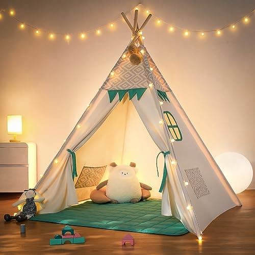 Image of besrey Kids Teepee Tent indoor - Toddler Tent with Mat & Lights, Childrens Play tent indoor, Cotton Playhouse for Toddlers, Tipi Tent Toddler Reading Tents