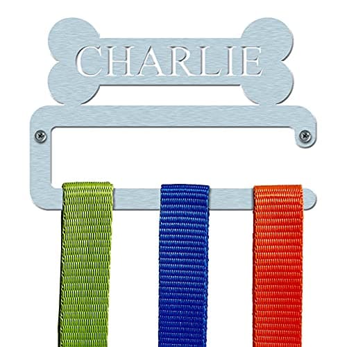 Image of Personalised Dog Lead Hanger | Brushed Stainless Steel | Straight Bar Design | Metal Engraved Dog Lead Holder Hook | Made in Britain