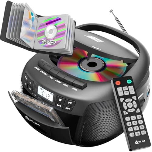 Image of KLIM CD Cassette Player with Case, Bluetooth Boombox, AM/FM Radio, Stereo Sound, Remote, CD and Cassette Combo, Tape Recording, USB Drive, AUX, AC/DC Powered
