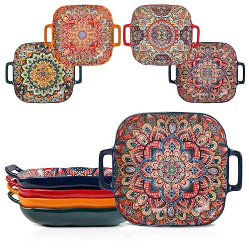 Image of DDIKTH Four-Piece Set Ceramic Serving Platter with Handles,Bohemian Ceramic Plate,Square Dinner Plate,Colorful Salad Dish,Retro Fruit Plate