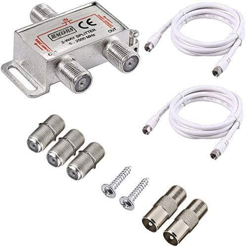 Image of RUNCCI-YUN 2 Way Satellite Splitter TV Aerial Splitter 5-2500MHz with 2 * 1.5m Coax Cable F Plugs, for Sky Box Telewest Eurovox Starview Dreambox
