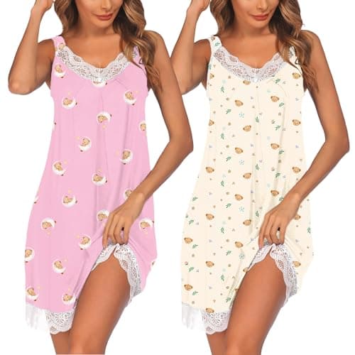 Image of Ekouaer Women's Nightgown V-neck Chemise Sleepwear Lace Nightwear Soft Lingerie for Women 2pcs Teddy Bear Beige Pink M