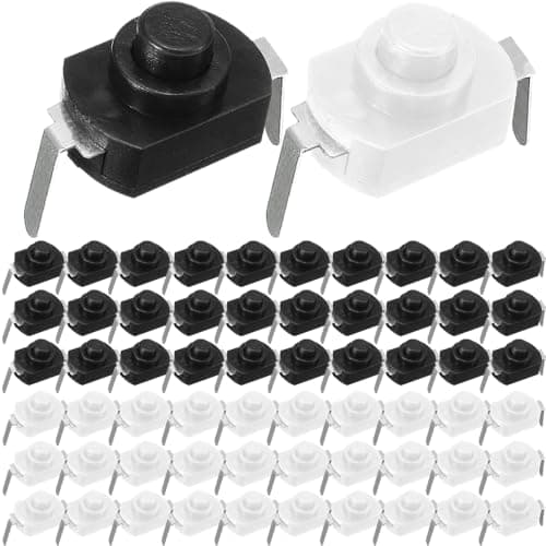 Image of HAAMNING7 On/Off Self-Lock Push Mini Micro Button, Bent On/Off Push Button Control Latching Push Button ON OFF Switch DC 30V 1A for DIY Flashlight, Lamps, Wall Outlet (60 Pack, Black & White)