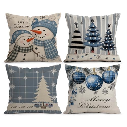 Image of LANBEIDE Blue Christmas Cushion Covers 45 x 45cm Set of 4, Xmas Tree Snowman Snowflake Pillow Cover Christmas Decorations for Home Bedroom Couch Sofa Outdoor Decor 18x18