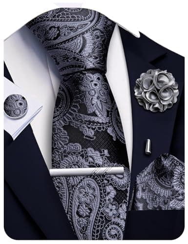 Image of Ailisus Black Grey Ties for Men Paisley Silk Necktie and Pocket Square Cufflinks Lapel Pin Tie Clip Set Wedding Formal 5PCS