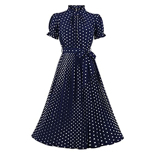 Image of Wellwits Women's Polka Dots Frill Pleated Midi Vintage Cocktail Dress Navy L