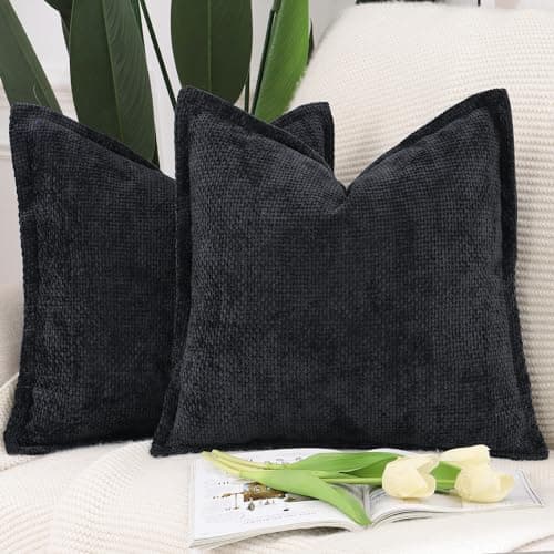 Image of Madizz Set of 2 Chenille Velvet Cushion Covers with Flange Soft Boho Textured Throw Pillow Covers Broadside Pillowcases Modern Farmhouse Home Decor for Sofa Bedroom Black 16x16 inch, 40x40 cm