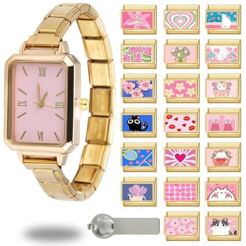 Image of ITingstere Italian Charms Watch Bracelet Gold Glitter 22Pcs Clock Charms Set with 1Pcs Starter Brascelet 9mm Italian Modular Charm Bracelet DIY Module Jewelry Gifts for Women, Stainless Steel, No