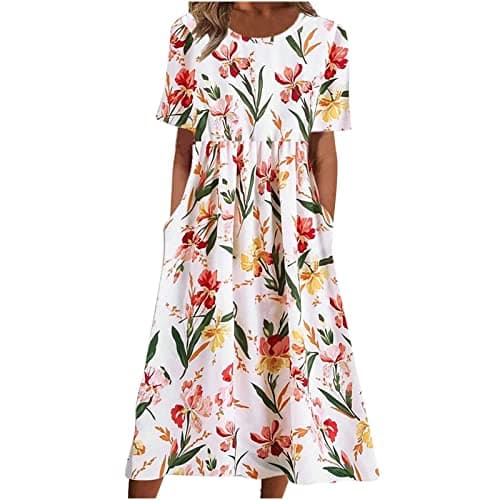 Image of Generic Women's Red Floral Printed Maxi Dress - Short Sleeve, Round Neck, Loose Fit, Casual Elegant, Adult Size S