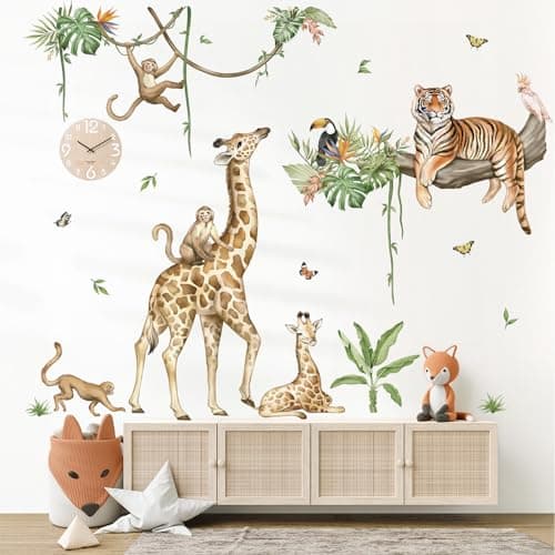 Image of wondever Large Jungle Animal Tree Branch Wall Stickers Safari Giraffe Tiger Monkey Peel and Stick Wall Art Decals for Baby Nursery Kids Bedroom Playroom