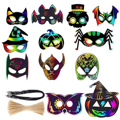 Image of 44PCS Mask Making Kit for Kids Rainbow Scratch Masks with Drawing Sticks Mask Strap Halloween Crafts for Kids Halloween Scratch Art for Decoration Game Party