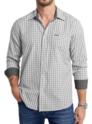 Image of Enlision Checked Shirts for Men UK Grey and White Mens Check Plaid Gingham Shirts Long Sleeve Button Down Loose Fit Casual Lumberjack Chequered for Oktoberfest Party XL