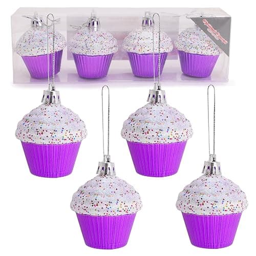 Image of Christmas Concepts® Pack of 4-60mm (2.3") Purple Glittery Festive Cupcake Baubles - Christmas Tree Decorations