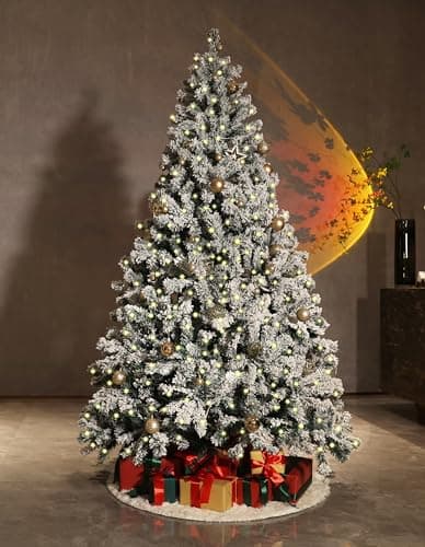 Image of Asinse 6ft Pre-Lit Snow Flocked Christmas Tree with 350 Chasing Warm LED Lights - Premium Artificial Spruce Hinged Xmas Tree with 850 Branch Tips, for Home Office Party Decoration