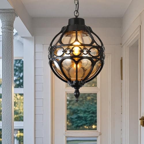 Image of Mkichi Retro Outdoor Pendant Light Aluminum Decorative Hanging Lamp E27 Gazebo Lights,Balcony Hanging Lights Corridor Waterproof Lamp Outdoor Chandelier for Gazebo (Black)