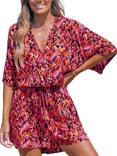 Image of CUPSHE Women Jumpsuit V Neck Lace Up Romper Leopard Print Dolman Sleeves Short Wide Leg Casual Overall Playsuit Red S