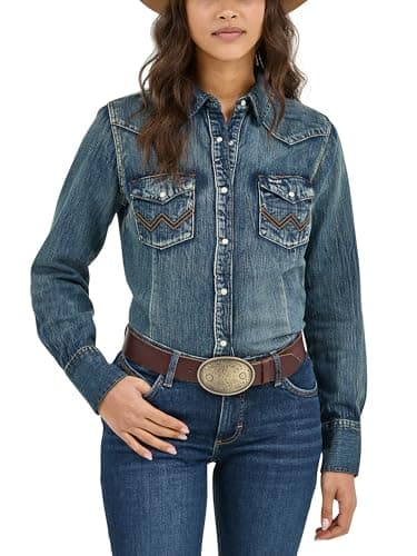 Image of Wrangler Women's Long Sleeve Snap Front Denim Western Shirt Blouse, Denim, L UK