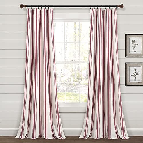 Image of Lush Decor Farmhouse Stripe Yarn Dyed Cotton Window Curtain Panel Pair, 42" W x 84" L, Red - Classic Modern Rustic Charm - Eco Friendly Cotton Fabric