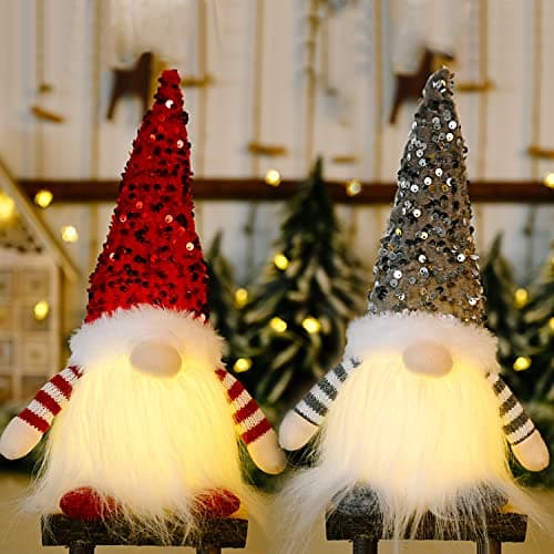 Image of DWTECH 2 Pack Sequin Christmas Gnomes Plush with LED Lighting Beard, Handmade Swedish Tomte Santa Scandinavian Figurine Nordic Plush Elf Doll Gnome Ornaments Christmas Decorations Home Decor Gifts
