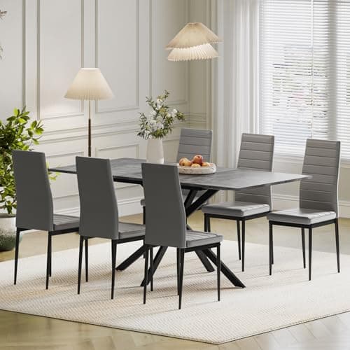 Image of Luxstein Extendable Dining Table and Chairs Set 6, 120-160cm Concrete Effect Table with 6 Grey High Back Faux Leather Chairs for Dining Room, Kitchen