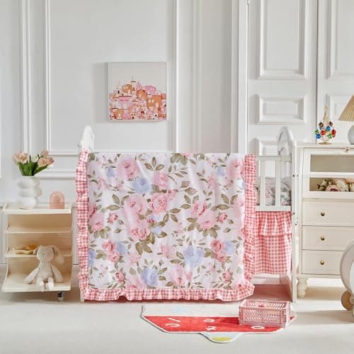 Image of Shxime 3 Piece Floral Crib Bedding Set, Soft Quilted Baby Comforter with Fitted Sheet & Ruffled Crib Skirt, Breathable and Cozy Shabby Chic Nursery Decor