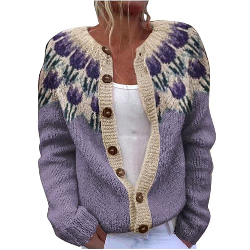 Image of TURWXGSO Cardigans for Women UK Retro Ethnic Print Jumper Warm Casual Ladies Knitted Crew Neck Front Button Up Aran Cardigan Long Sleeve Lightweight Sweater Jackets Knitwear