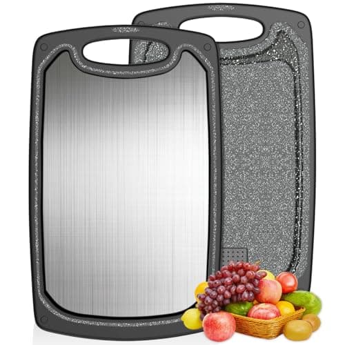 Image of KIMIUP Black Chopping Boards for Kitchen,Small Steel Cutting Board Dishwasher Safe, Double Sided Metal Chopping Board for Meat & Fruit, Juice Groove, Easy Grip Handle,Knife Friendly,Non Slip Rubber