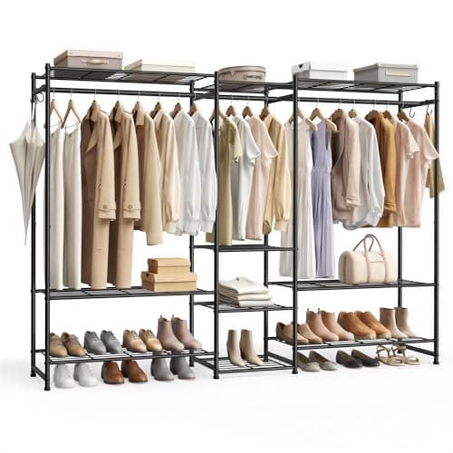 Image of SONGMICS Open Wardrobe, Clothes Rack, Clothing Rack with 10 Shelves, 3 Clothes Rails, 4 S‑Hooks, Metal Frame, for Bedroom, Living Room, Hallway, Black LGR011BZ01