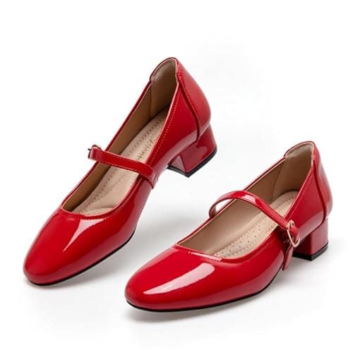 Image of Hingswink Mary Jane Shoes White Low Heels Dress Pumps for Women Dressy Casual 2 Inch Chunky Heel With Adjustable Ankle Strap, Red, Size 3.5