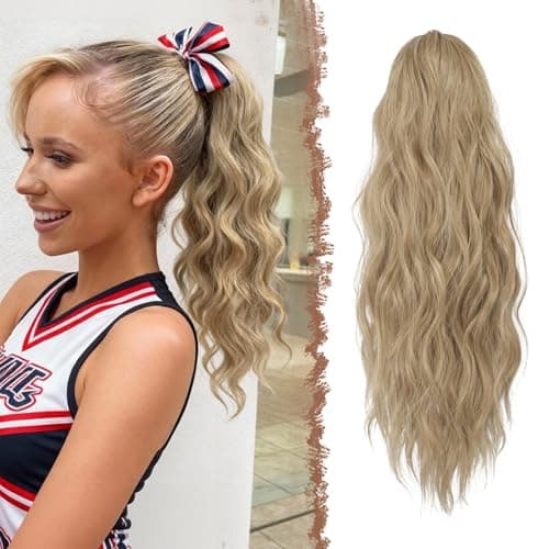 Image of FESHFEN Ponytail Extensions, Drawstring Ponytails Hair Extension Blonde & Ash Blonde Mixed Long Curly Wavy Hair Piece Synthetic Pony Tail Hairpieces for Women, 18 inch