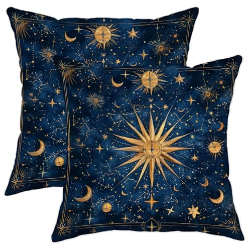 Image of Celestial Pillow Covers Set of 2, Navy Blue Star Sun Moon Throw Pillow Cases, Outdoor Decorative Square Cosmic Decor Cushion Covers for Home Sofa Bed Couch 18x18 Inch