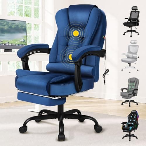 Image of ELFORDSON Massage Office Chair for Home Office, Executive Desk Chair 77 cm High Back 150° Recliner Tilt Function Padded Swivel, Velvet Blue, 2-Point Massage