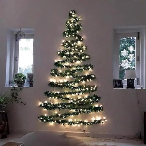 Image of Wall Mounted Christmas Twig Tree With LED Lights - Flat Garland, DIY Decoration, Space-Saving Hanging for Indoor Home Decor (300cm)