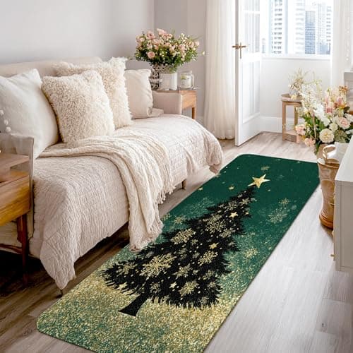 Image of Christmas Tree Runner Rug, Festive Traditional Stars Snowflakes Xmas Green Non-Slip Soft Rectangle Carpet Stain Resistant for Kitchen Bathroom Entryway Bedside Decor 2x8 Ft