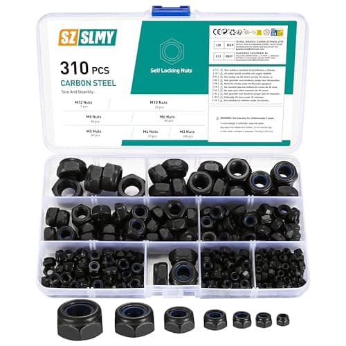 Image of 310 Pcs Nylock Nuts, Self Locking Nuts, Nylon Insert Lock Nut, Carbon Steel Black Hex Thread Hexagon Nut with Nylon Inserts for Bolts Screws Components, M3 M4 M5 M6 M8 M10 M12