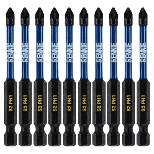 Image of 10 x Rennie Tools 75mm Long PH1 Impact Screwdriver Driver Bits Set. Magnetic Phillips No.1 Heavy Duty Impact Driver Bit Set. PH1 Bits. Hex Shank, Cross Head. Black Oxide Coated
