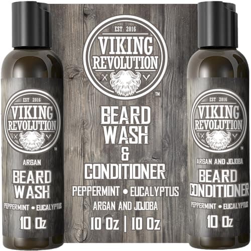 Image of Viking Revolution - Beard Shampoo And Conditioner - Natural Beard Wash & Beard Conditioner With Argan & Jojoba Oils - Softens & Strengthens - Gifts For Men - Peppermint & Eucalyptus - 2 x 300 ml