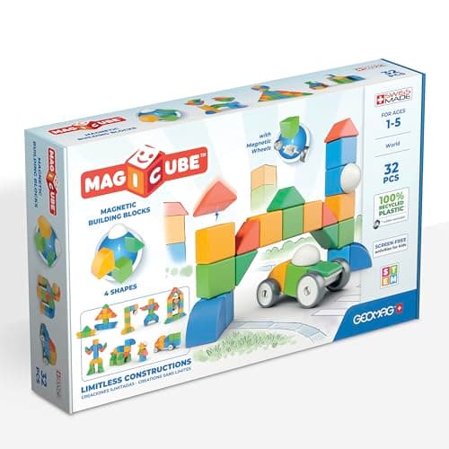 Image of Geomag - Magicube 1+ Shapes - Magnetic Blocks for Kids - 4 Colours and Shapes - 32 Cubes – 100 Percent Recycled Plastic,Blue, Green, Yellow, Red