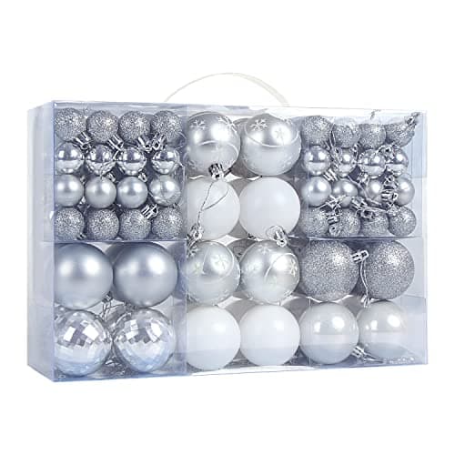 Image of DIYASY Christmas Baubles Set, 100 Pieces Silver and White Christmas Balls, Decorative Hanging Ornaments - Tree Pendants 30mm/40mm/60mm