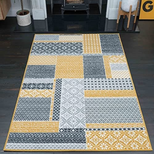 Image of Milan Ochre Mustard Yellow Grey Patchwork Squares Traditional Lounge Living Room Rug 120cm x 170cm