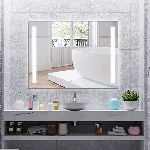 Image of COSTWAY 80x60cm LED Illuminated Bathroom Mirror, Wall Mounted Mirror with Demister Pad, 3 Dimmable Color Temperatures & Memory Touch Control, Frameless Anti-Fog Lighted Wall Makeup Vanity Mirror