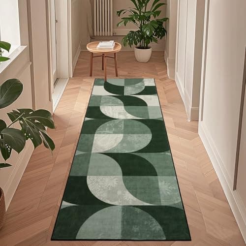 Image of TUKDAK Boho Runner Rugs for Hallway 60×180 cm, Green Checkered Washable Hall Carpet Runners, Kitchen Mat Non Slip, Soft Short Pile Rug for Bedroom Laundry Entryway Bathroom Non Shedding