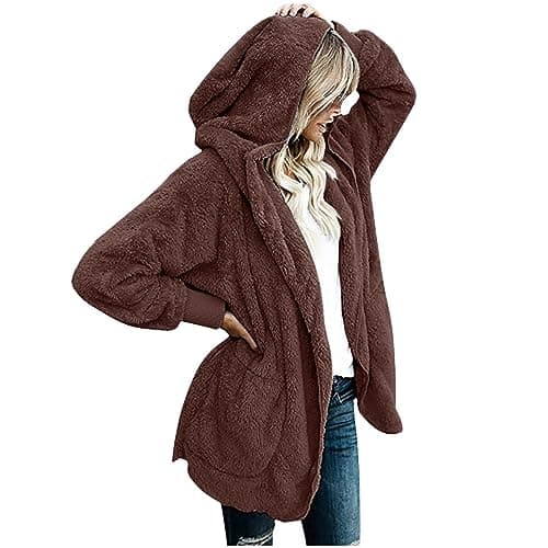 Image of Flodxo Womens Winter Coats Plus Size Fleece Jackets Winter Warm Teddy Fleece Sweater Soft Fluffy Coat Hooded Overcoat Open Front Cardigan Casual Loose Comfy Ladies Jumper Tops Coffee L