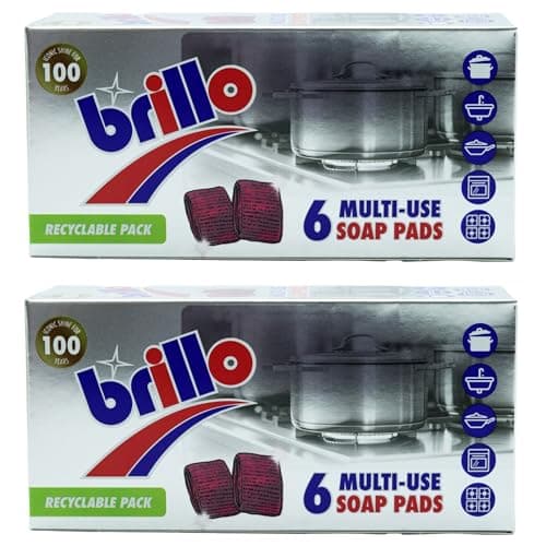 Image of Brillo Multi-Use Soap Pads, 12 Pack (2 x 6) – Heavy-Duty Steel Wool Scrub Pads with Built-in Soap for Kitchen & Home Cleaning, Cuts Grease & Grime (Recyclable Packaging)