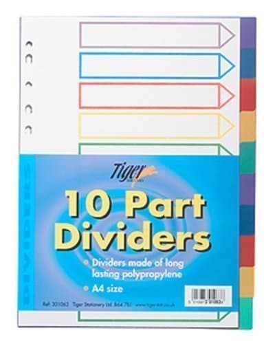 Image of Tiger A4 multicoloured polypropylene 10 part dividers for filing x 1 set