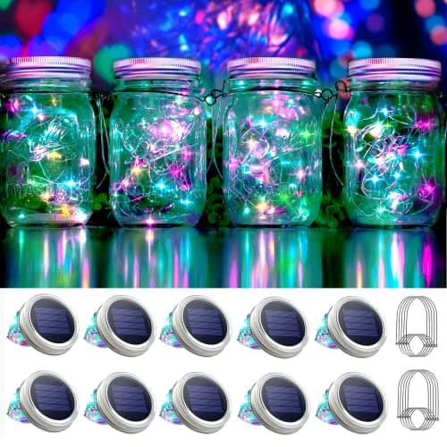 Image of 30 LED 10 Packs Solar Mason Jar Lights [Updated] Fairy Firefly Jar Lids String Lights with Hangers Waterproof Patio Yard Garden Wedding Party Decoration - Colorful (NO Jars)