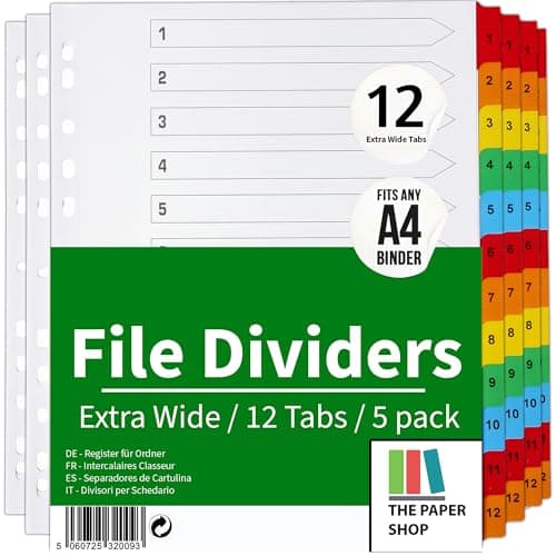 Image of [5 Pack] A4+ Extra Wide 12 Part File Dividers A4+ Extra Wide 12 Part Numbered Subject Dividers Multipunched Reinforced Colour Tabs 150gsm