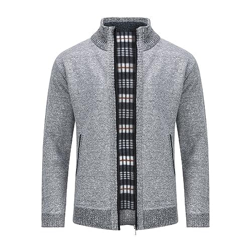 Image of Allthemen Cardigan Mens Fleece Lined Winter Causal Knitted Sweater Full Zipper Slim Fit Sweater Jacket #8758 Grey L