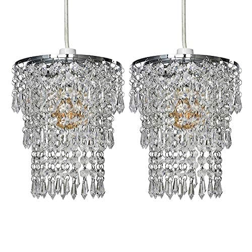Image of MiniSun | Modern Chrome Chandeliers with Clear Acrylic Jewel Droplets | Pendant Lights, Home Décor & Improvement Essential | Set of 2 | 20cm Shade Width